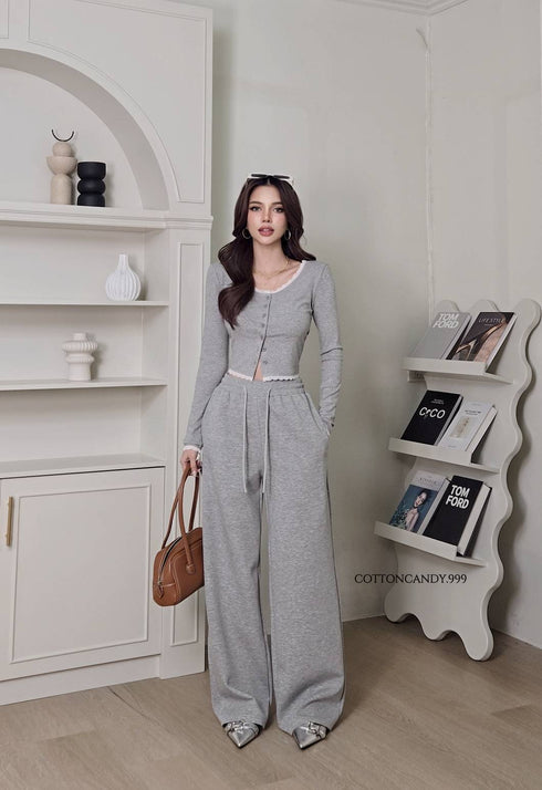 Casual Lace Detail Long Sleeves Blouse With Straight Cut Jogger Pant Sets